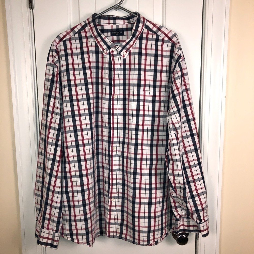 Mens‎ Red White Blue Plaid Shirt L/S 3XL Cotton Button Down Oversized Americana